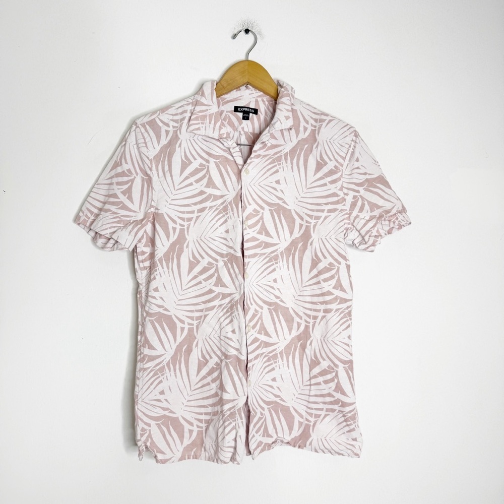 Express Linen Button-Up Shirt Size Small Blend Palm Leaf Short Sleeve - Picture 3 of 7